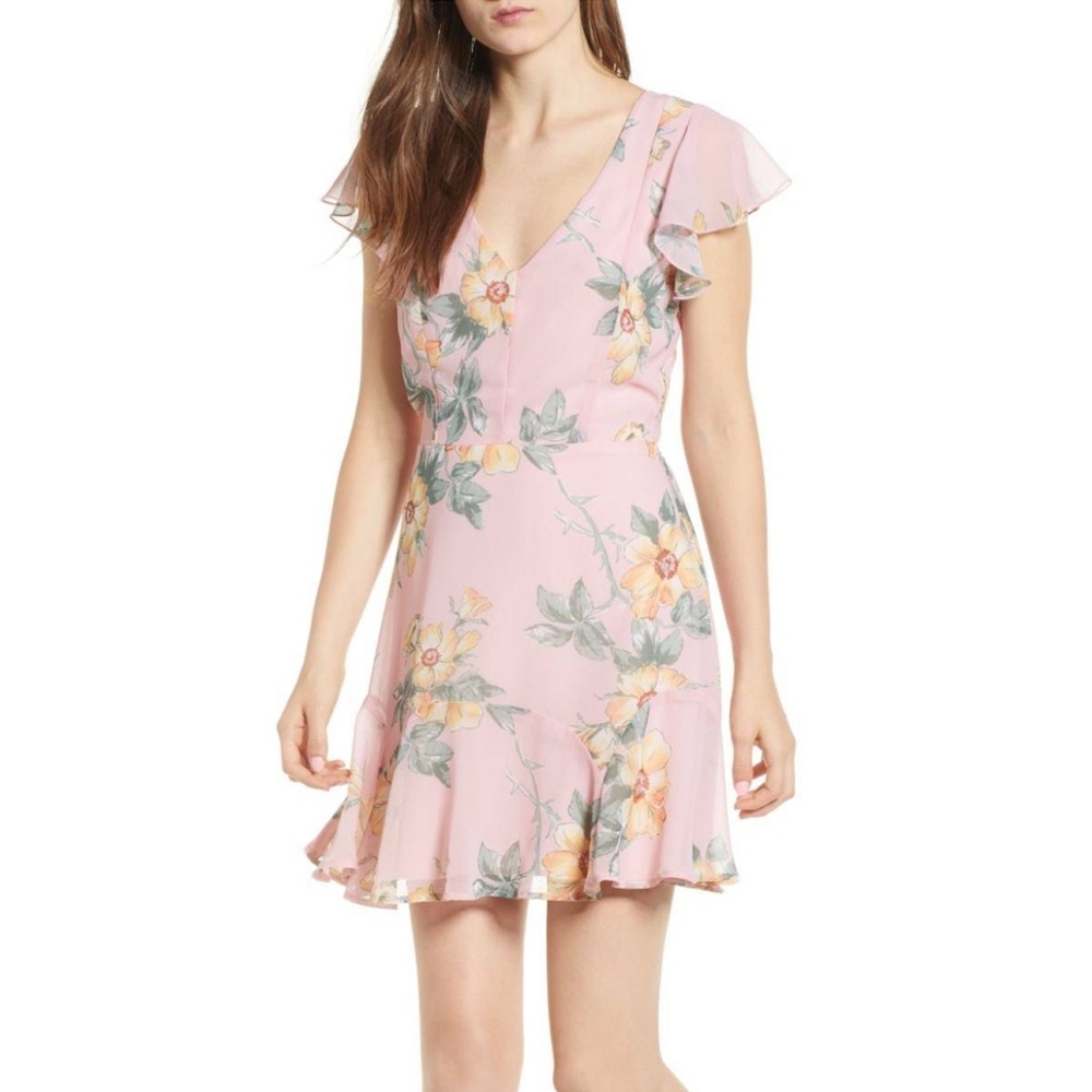 NWT Nordstrom Row A Pink V-Neck Open Back Flutter Floral Dress S